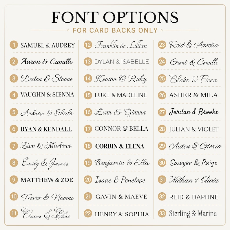 May include: A chart titled FONT OPTIONS FOR CARD BACKS ONLY featuring thirty-three numbered rows. Each row displays a unique typeface style using a pair of names joined by an ampersand. The text is black on a light cream background with gold circles.