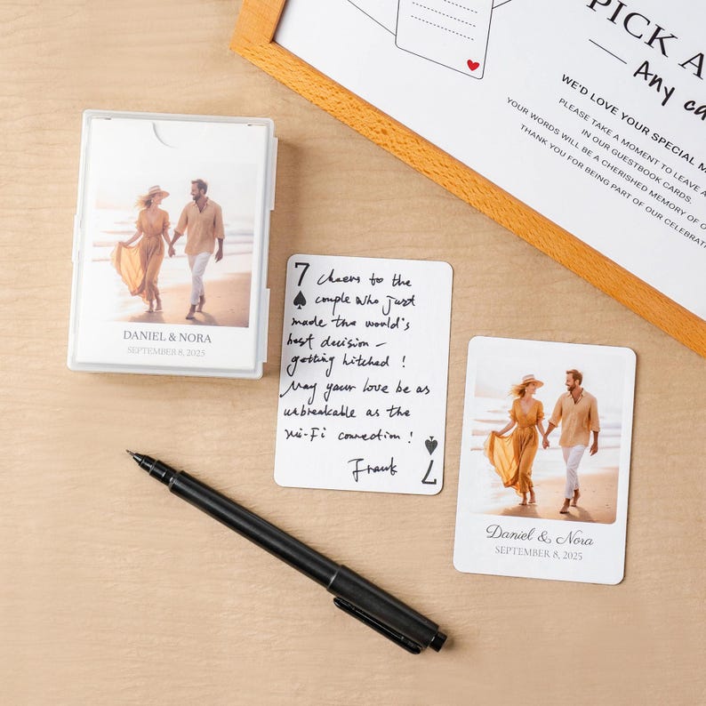 Custom playing cards designed as a guest book alternative for wedding receptions.