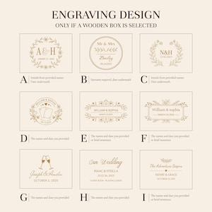 May include: A grid of nine distinct engraving designs for a wooden box, labeled A through I. Each design features gold-toned floral, botanical, or celebratory graphics, including names, dates, and phrases like 'Mr & Mrs', 'Our Wedding', and 'The Adventure Begins'.