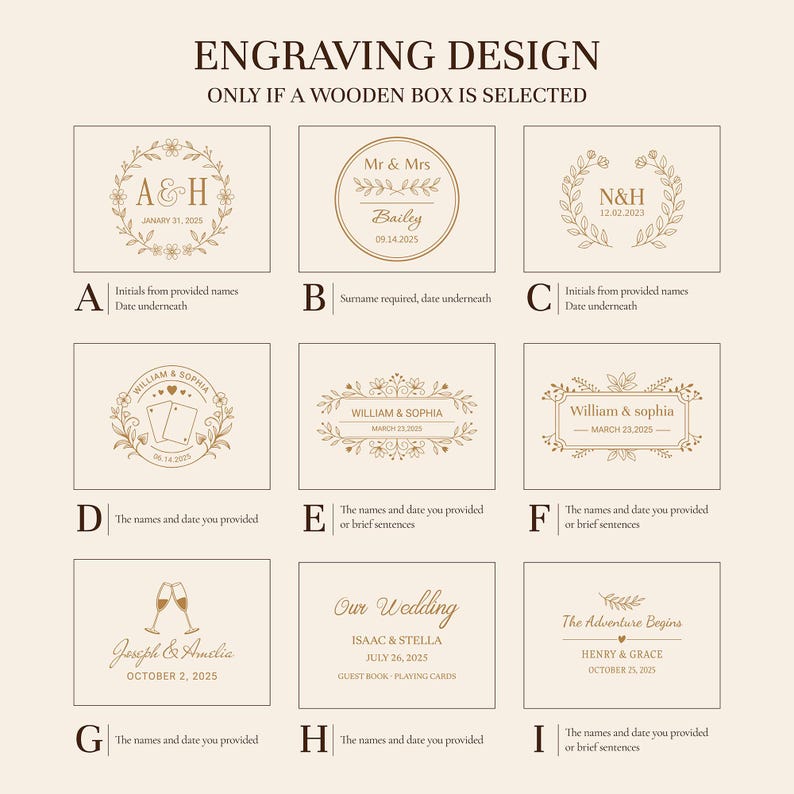 May include: A grid of nine distinct engraving designs for a wooden box, labeled A through I. Each design features gold-toned floral, botanical, or celebratory graphics, including names, dates, and phrases like 'Mr & Mrs', 'Our Wedding', and 'The Adventure Begins'.