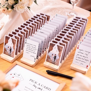 Alternative Wedding Guest Book Set: Custom Playing Cards with Wooden Holders, Acrylic Display Stands