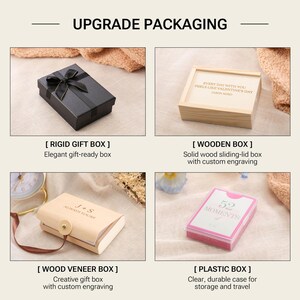 Puede incluir: Imagen que muestra cuatro opciones de embalaje: una caja de regalo negra con lazo, una caja de madera con texto grabado, una caja de chapa de madera y una caja de pl&aacute;stico transparente. El texto "UPGRADE PACKAGING" es visible.
