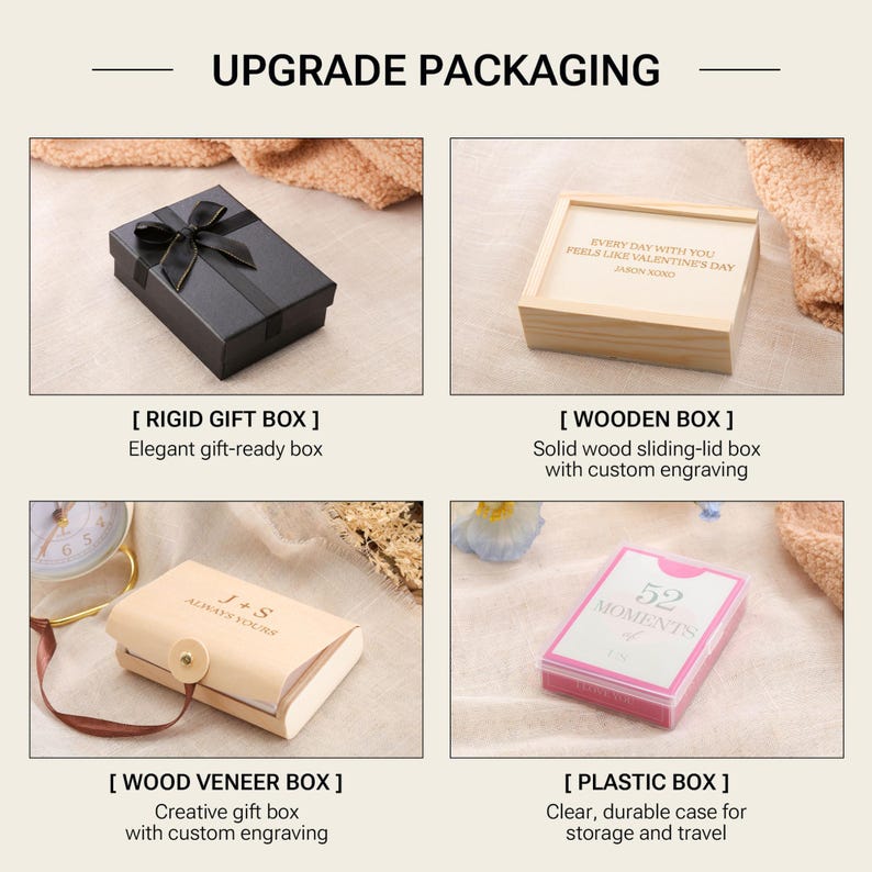 Puede incluir: Imagen que muestra cuatro opciones de embalaje: una caja de regalo negra con lazo, una caja de madera con texto grabado, una caja de chapa de madera y una caja de pl&aacute;stico transparente. El texto "UPGRADE PACKAGING" es visible.