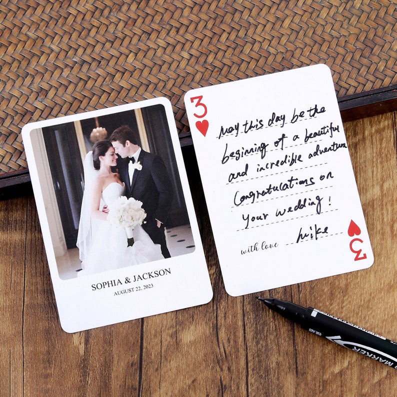 Customizable playing cards for wedding guest book - Personalize wedding gift with photo, names, and date. Unique guest book alternative, perfect for weddings, bridal showers, and birthday party. Capture memories with best wishes!