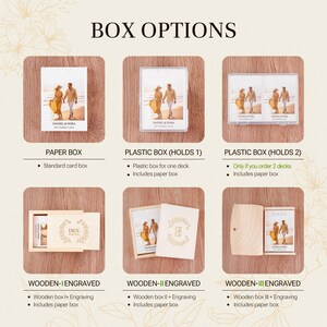 May include: A display of six box options for card decks, including a paper box, a plastic box for one or two decks, and three wooden boxes with sliding or hinged lids. Each box features a custom photo print with the text DANIEL & NORA.