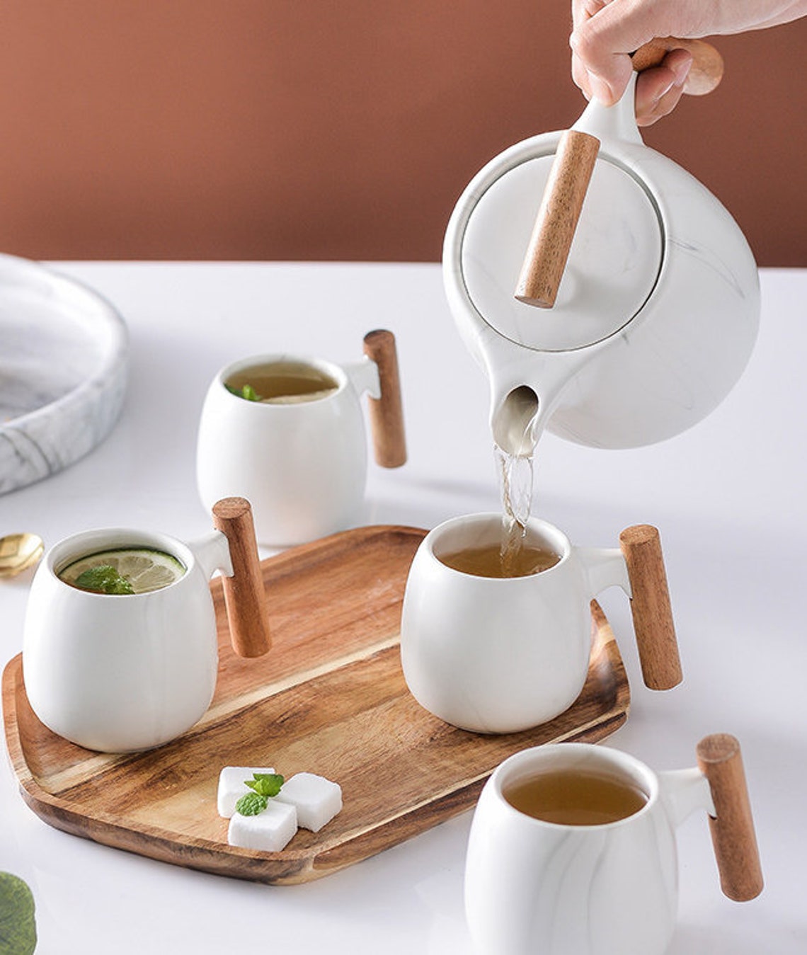 Wooden handle Porcelain Ceramic Tea set Marble texture Etsy