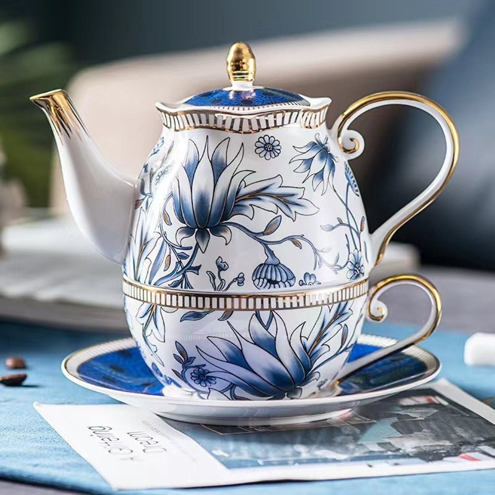 Blue Tea Set Teapot and Cup Set Housewarming Giftchristmas Etsy