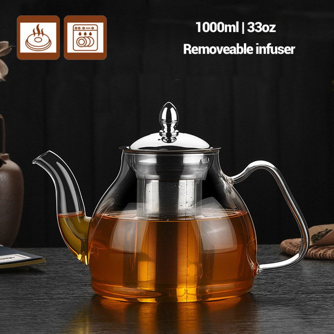 Théière Verre 1700ml Infuseur Amovible - Anti-goutte Borosilicate Acier Inox
