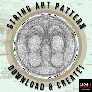 Puede incluir: Patrón de arte de cuerda de chanclas con un círculo colorido de puntos alrededor del borde. El texto "STRING ART PATTERN DOWNLOAD & CREATE!" está escrito alrededor del círculo. El texto "CRAFT SCHEMATIC" está en la esquina inferior derecha.