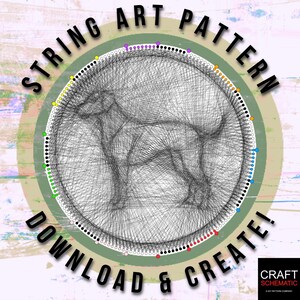 May include: String art pattern of a dog, with the text "STRING ART PATTERN DOWNLOAD & CREATE!" around the outside of the circle.