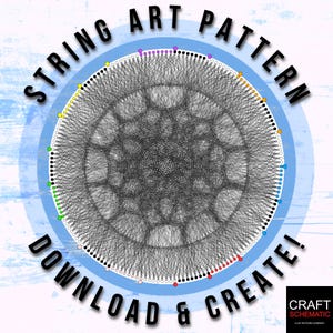 May include: A blue circle with the text "String Art Pattern Download & Create!" around the edge. The circle contains a black and white string art pattern with colored dots around the edge.