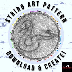 May include: String art pattern with a black and white design in the shape of a stylized "S" with a circle of colored dots around the edge. The text "STRING ART PATTERN DOWNLOAD & CREATE!" is written around the circle. The text "CRAFT SCHEMATIC" is in the lower right corner.