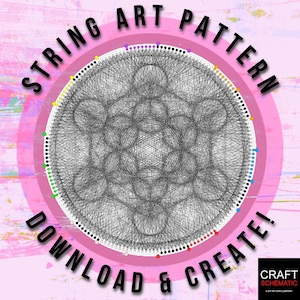 Op de afbeelding: String art patroon met een geometrisch ontwerp in zwart en wit. Het patroon is omgeven door een cirkel van gekleurde stippen. De tekst "STRING ART PATTERN DOWNLOAD & CREATE!" staat rond de cirkel.