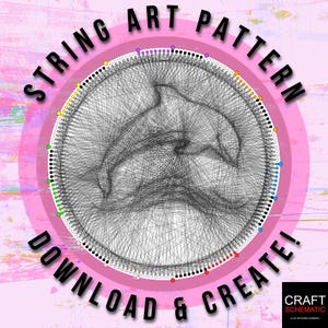 May include: String art pattern of two dolphins jumping out of the water. The pattern is created by connecting dots on a circle with string. The colors of the dots are black, white, red, orange, yellow, green, blue, purple, and pink. The text "STRING ART PATTERN DOWNLOAD & CREATE!" is written around the circle.