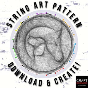 以下が含まれることがあります： スタイリッシュな動物の頭の形をした白黒の糸アートパターン。パターンは、黄色、緑、青、赤、紫など、色付きの点で囲まれた円形になっています。「STRING ART PATTERN DOWNLOAD & CREATE!」というテキストが円の周りに書かれています。