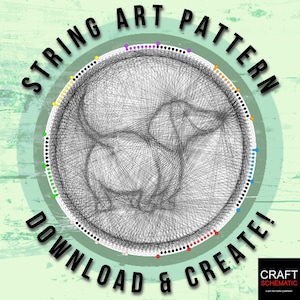 May include: String art pattern of a dog in a circle with colored dots around the edge. The text "STRING ART PATTERN DOWNLOAD & CREATE!" is around the circle.