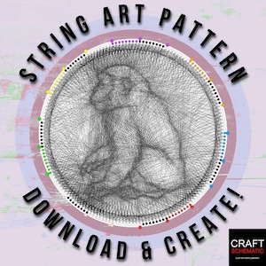 Peut inclure: Modèle de motif d'art en fil de fer d'une personne assise. Le motif est créé avec un cercle de points colorés et de lignes noires. Le texte "STRING ART PATTERN" est écrit en cercle autour du motif. Le texte "DOWNLOAD & CREATE!" est écrit sous le motif. Le texte "CRAFT SCHEMATIC" est écrit dans le coin inférieur droit.