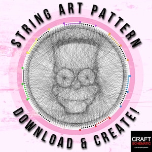 May include: String art pattern of a face with a smile. The pattern is in a circle with a pink background. The text "STRING ART PATTERN DOWNLOAD & CREATE!" is around the circle. The text "CRAFT SCHEMATIC" is in the bottom right corner.