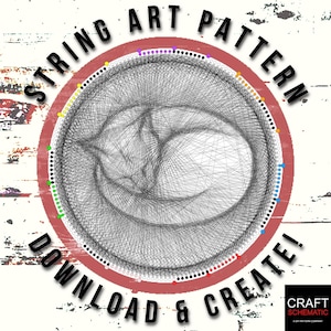 Puede incluir: Patrón de arte de cuerda de un gato durmiendo con un círculo rojo a su alrededor. El círculo tiene puntos negros y puntos de colores alrededor del borde. El texto "STRING ART PATTERN DOWNLOAD & CREATE!" está escrito alrededor del círculo.