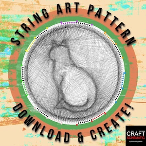 Puede incluir: Un patrón de arte de hilo colorido de un gato sentado. El patrón está en un círculo con las palabras "String Art Pattern" y "Download & Create!" alrededor del exterior.