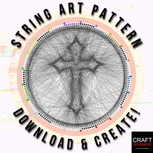 Könnte beinhalten: String Art Muster mit einem Kreuzdesign. Das Muster wird durch Verbinden von Punkten um den Kreis mit Schnur erstellt. Die Punkte sind in den Farben Rot, Orange, Gelb, Grün, Blau, Lila und Schwarz. Der Text "STRING ART PATTERN DOWNLOAD & CREATE!" ist um den Kreis geschrieben.