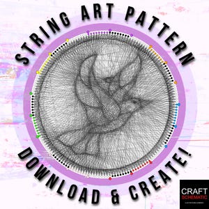 Puede incluir: Un diseño de patrón de arte de cuerda colorido con las palabras "String Art Pattern" y "Download & Create!" en un círculo alrededor del diseño.