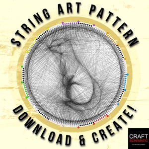 以下が含まれることがあります： 「STRING ART PATTERN」と「DOWNLOAD & CREATE！」の文字が入った、円形のストリングアートパターン。円の中に黒いストリングアートの画像があり、周囲にはカラフルなドットが配置されています。クラフトスキームのロゴが右下にあります。