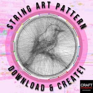 Può includere: Modello di string art di un uccello in un cerchio con punti colorati attorno al bordo. Il testo "STRING ART PATTERN DOWNLOAD & CREATE!" è scritto attorno al cerchio.