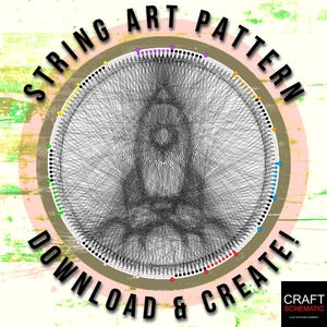 May include: String art pattern with a geometric design in black and white. The pattern is surrounded by a circle of coloured dots. The text "STRING ART PATTERN" is written in a circle around the pattern. The text "DOWNLOAD & CREATE!" is written below the pattern. The text "CRAFT SCHEMATIC" is written in the bottom right corner.