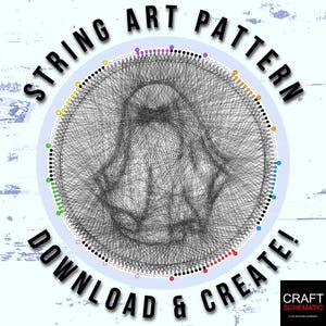 May include: Circular string art pattern with a central design of a figure, surrounded by a ring of colorful dots. The text "STRING ART PATTERN" and "DOWNLOAD & CREATE!" are displayed in a circular arrangement.