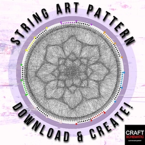 Op de afbeelding: String art patroon met een geometrisch ontwerp in zwart en wit. Het patroon is omgeven door een cirkel met gekleurde stippen, waaronder geel, groen, blauw, rood, roze en paars. De tekst "STRING ART PATTERN DOWNLOAD & CREATE!" staat rond de cirkel.