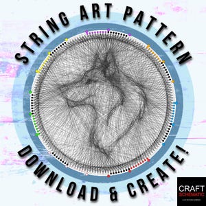 Könnte beinhalten: Ein farbenfrohes String-Art-Muster eines Wolfskopfes mit dem Text "String Art Pattern Download & Create!" um den Kreis herum. Craft Schematic ist ein Unternehmen für DIY-Muster.