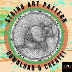May include: String art pattern of a bear, with a colorful circle of dots around the outside. The text "STRING ART PATTERN DOWNLOAD & CREATE!" is written around the circle.