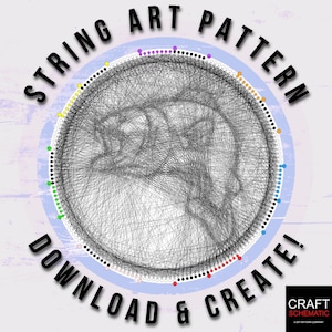 May include: A circular string art pattern with a black and white design of a hand. The pattern is surrounded by a circle of colored dots in various colors, including yellow, green, blue, red, and purple. The text "STRING ART PATTERN DOWNLOAD & CREATE!" is written around the circle.