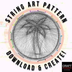 Peut inclure: Modèle de string art avec un motif en étoile en fil noir. Le motif est entouré d'un cercle avec un fond rose et un contour blanc. Le cercle est intitulé "String Art Pattern" et "Download & Create!" en texte noir. Le cercle est également décoré de points colorés.