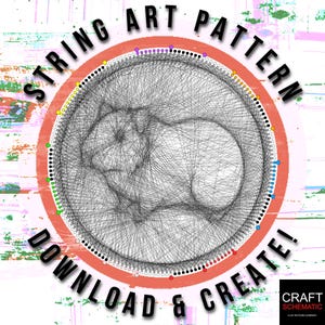 Op de afbeelding: String art patroon van een cartoon dier, met de tekst "String Art Pattern Download & Create!" rond de rand van de cirkel.
