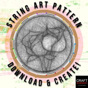 May include: A string art pattern with a circular design. The pattern is made up of black lines that create a complex geometric design. The background is a pink and brown colour with the text "String Art Pattern Download & Create!" in black.