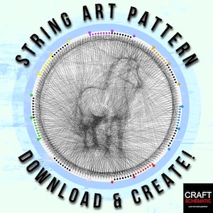 Puede incluir: Un patrón de arte de cuerda de un caballo, con un círculo de puntos de colores alrededor del exterior. El texto "STRING ART PATTERN DOWNLOAD & CREATE!" está escrito alrededor del círculo. El texto "CRAFT SCHEMATIC" está en la esquina inferior derecha.