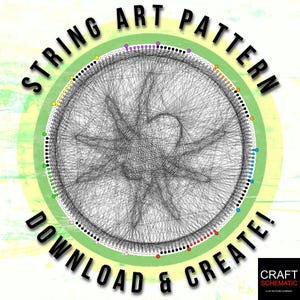 Puede incluir: Un patrón de arte de hilo colorido con el texto "String Art Pattern Download & Create!" y el logotipo "Craft Schematic" en la parte inferior. El patrón es un círculo con un diseño de estrella en el centro.