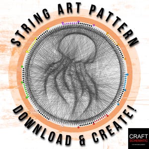 May include: String art pattern download and create. A circular pattern with a black and white string art design of an octopus. The background is a peach color with a white circle around the string art design. The circle has a rainbow of colored dots around the edge.