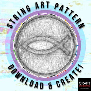 May include: String art pattern of a fish with a colourful circle of dots around the outside. The text "String Art Pattern" is written in a circle around the top of the image. The text "Download & Create!" is written in a circle around the bottom of the image. The text "Craft Schematic" is written in the bottom right corner of the image.