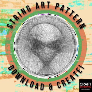 May include: String art pattern of a face with a black and white design. The pattern is surrounded by a circle of colored dots in yellow, green, blue, red, white, and purple. The text "STRING ART PATTERN DOWNLOAD & CREATE!" is written around the circle.