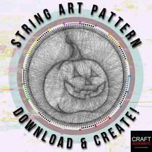 May include: A string art pattern of a jack-o'-lantern with a black and white design. The pattern is surrounded by a circle of colored dots, including red, orange, yellow, green, blue, purple, and black. The text "STRING ART PATTERN" is written in black letters around the top of the circle, and the text "DOWNLOAD & CREATE!" is written in black letters around the bottom of the circle. The text "CRAFT SCHEMATIC" is written in black letters in the bottom right corner of the image.