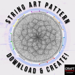 Op de afbeelding: Een string art patroonontwerp met een ronde vorm en een geometrisch ontwerp in zwart en wit. Het ontwerp is omgeven door een blauwe cirkel met de tekst "STRING ART PATTERN DOWNLOAD & CREATE!" in zwarte tekst.