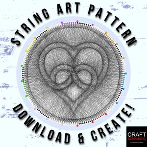 May include: A string art pattern in the shape of a heart. The pattern is created by connecting dots on a circle with string. The dots are coloured in different colours, including red, orange, yellow, green, blue, purple, and black. The text "STRING ART PATTERN DOWNLOAD & CREATE!" is written around the circle.