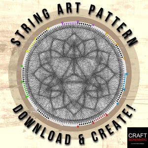 Op de afbeelding: String art patroon met een geometrisch ontwerp in zwart en wit. Het patroon is omgeven door een cirkel met de woorden "String Art Pattern" en "Download & Create!" in zwarte tekst op een bruine achtergrond. De cirkel is verdeeld in secties met verschillende gekleurde stippen.