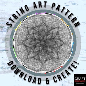 May include: String art pattern with a circular design featuring a black and white geometric pattern. The pattern is surrounded by a circle of colored dots in various colors, including yellow, green, pink, purple, blue, orange, and red. The text "STRING ART PATTERN DOWNLOAD & CREATE!" is written around the circle.