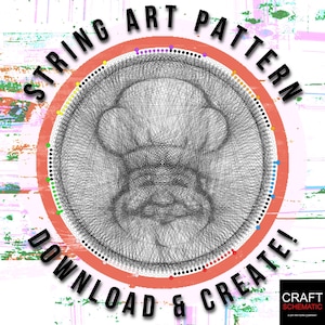 May include: String art pattern design with a black and white geometric design in the center of a red circle with the words "String Art Pattern Download & Create!" around the circle.