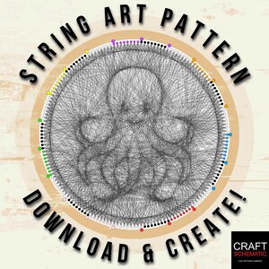 Puede incluir: Patrón de arte de cuerda de un pulpo con un círculo de puntos de colores alrededor del borde. El texto "STRING ART PATTERN DOWNLOAD & CREATE!" está escrito alrededor del círculo.