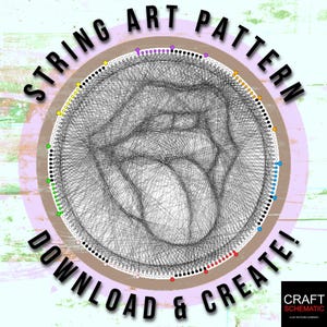 以下が含まれることがあります： 黒と白の円形デザインのストリングアートパターン。パターンは、黄色、緑、ピンク、紫、青、オレンジ、赤の色のドットの円に囲まれています。「STRING ART PATTERN DOWNLOAD & CREATE!」というテキストが円の周りに書かれています。